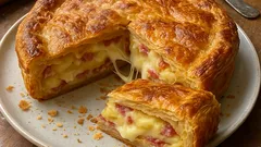 Torta salata di pasta sfoglia con patate e salame: dorata fuori, morbida dentro