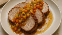 Arrosto di maiale alle mele in tegame: carne morbida e salsa profumata al rosmarino