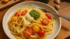 Pasta con pomodorini, provola affumicata e pesto: pronta in 15 minuti